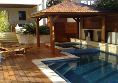 Stone pool coping and timber decking